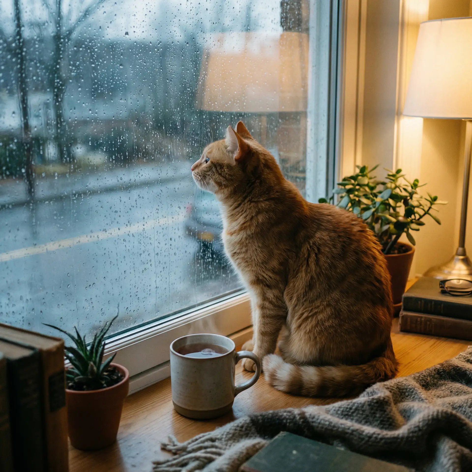 猫咪望着窗外的雨 - 杨立钛